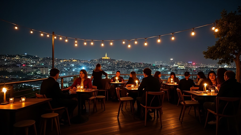 Ankara'da çatı terasından şehir manzarası, gece görünümü, ışıklı sokaklar, masalarda insanlar, rahat atmosfer
