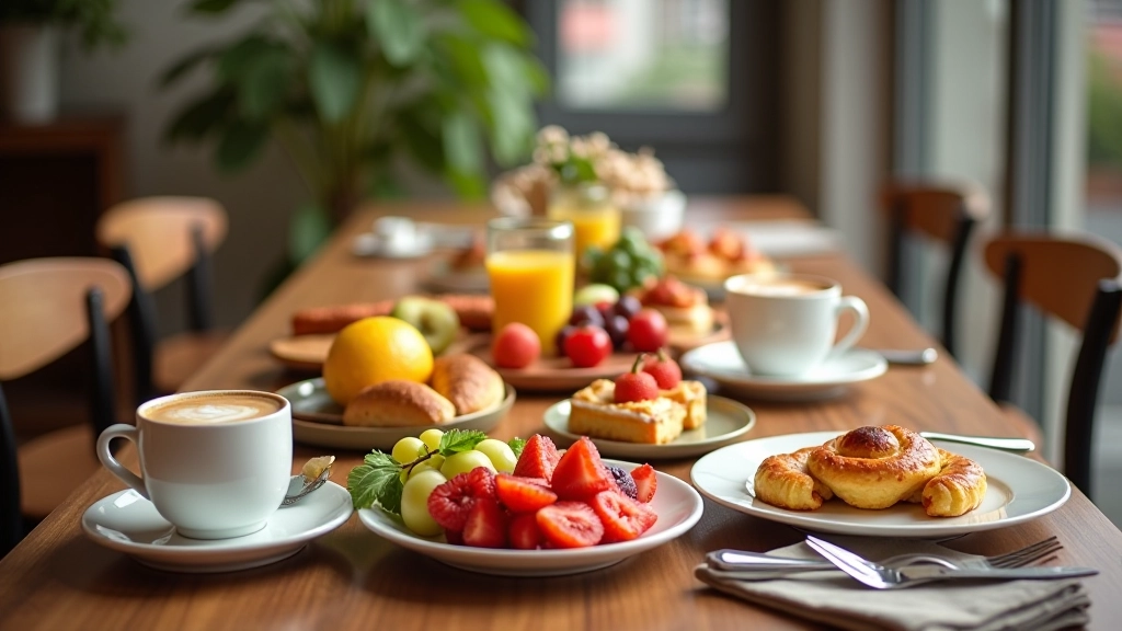 Kahvaltı tabağı, taze meyveler, kahve fincanı, güneşli brunch masası, rahat ortam