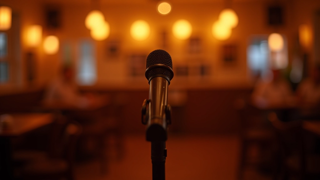 Kafe bar tezgahı arkasında, sahne ışıkları, mikrofon stand ve amplifier, sıcak amber ışıklandırma