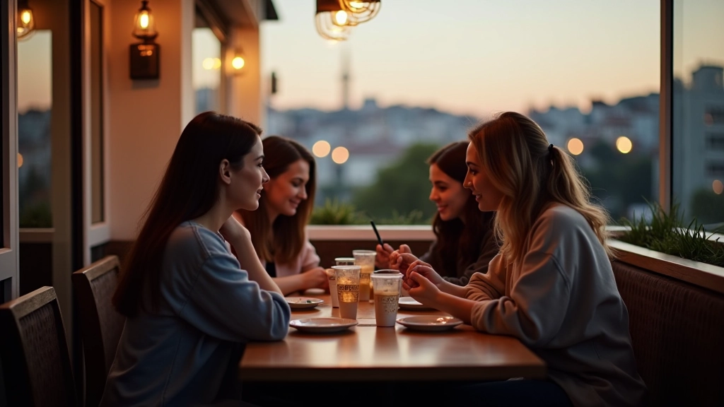 Şehir manzarası olan kafe penceresinden İstanbul'un gece görüntüsü, masada arkadaşlar sohbet ediyor, modern ve rahat mekan tasarımı