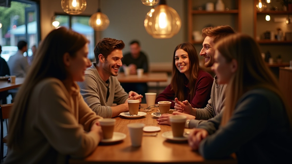 Kalabalık kafe ortamında, insanlar masalarda oturmuş, gülüyor ve sohbet ediyor, sıcak ortam