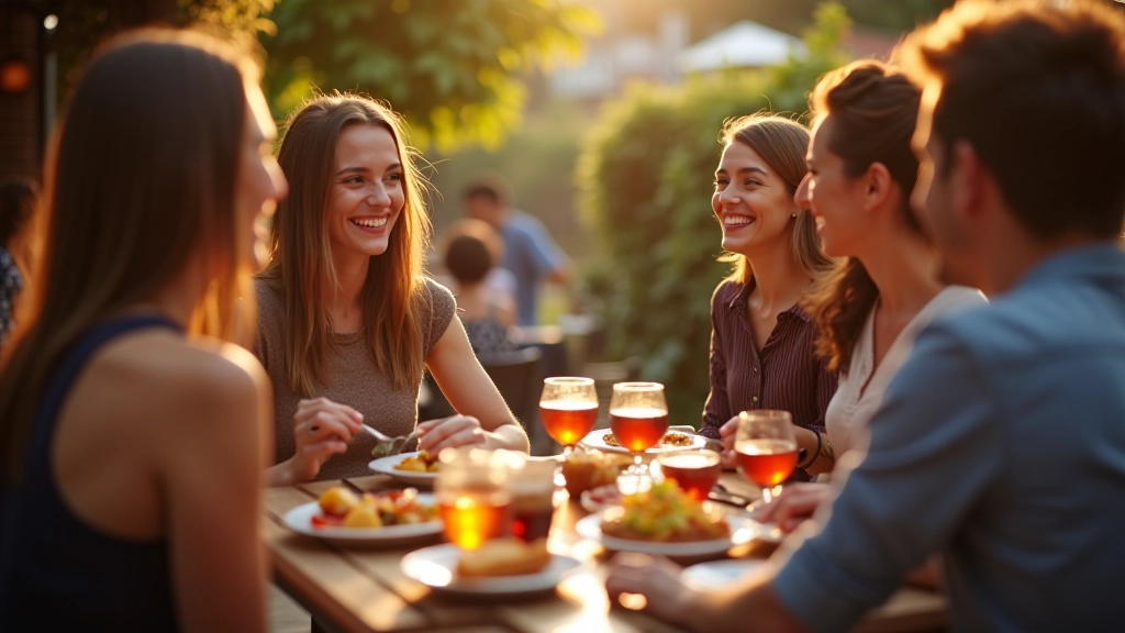 Grup brunch ortamı, insanlar sohbet ederken, renkli tabaklar, güneş ışığı, sosyal atmosfer