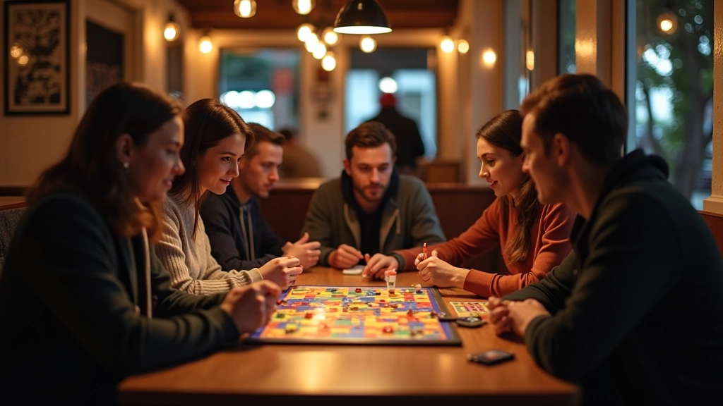Masa oyunu mekanında arkadaşlar strateji oyunu oynuyor, masada Catan ve diğer board game kutuları, eğlenceli atmosfer, canlı sohbet