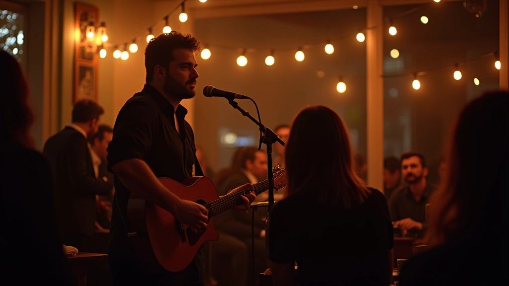 Kafe sahnesinde canlı müzik performansı, açık mikrofon etkinliği, sıcak ortam ve dinleyiciler
