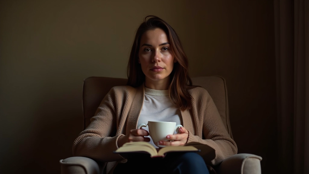 Kitap kafede bir kişi çay içerken kitap okuyor, masada not defteri ve kalem, rahat koltuk, arka planda diğer müşteriler sakin şekilde kitap okuyor