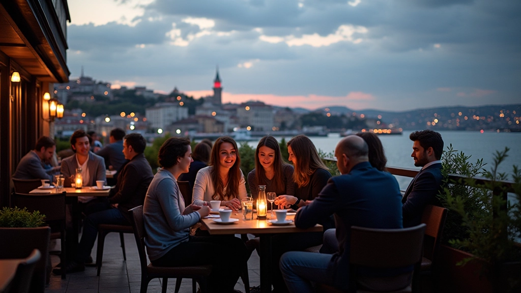 İstanbul Boğazı manzarası, çatı terasında masalar, Galata Kulesi arka planda, akşam ışıkları, insanlar sohbet ediyor